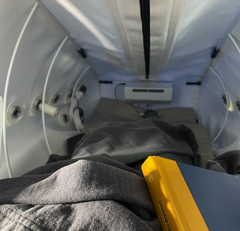 Inside a soft shell mild hyperbaric oxygen chamber
